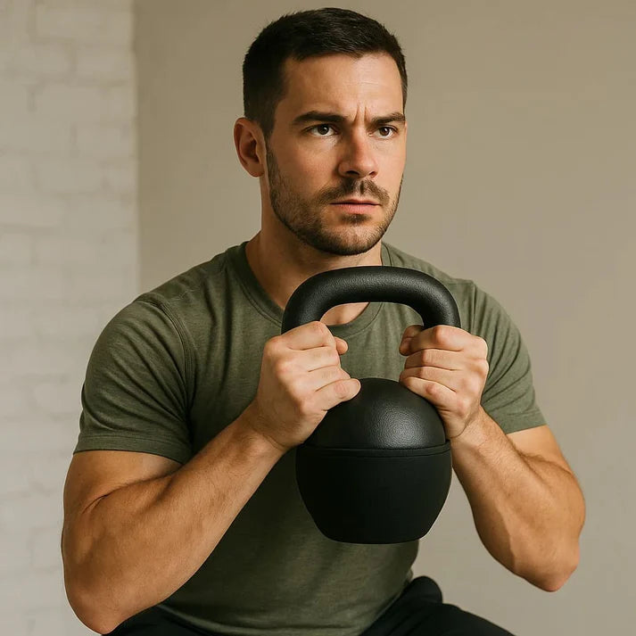 Homme entraînant avec l'Éclat Bio CoreBell kettlebell en fonte, optimisant force et coordination.