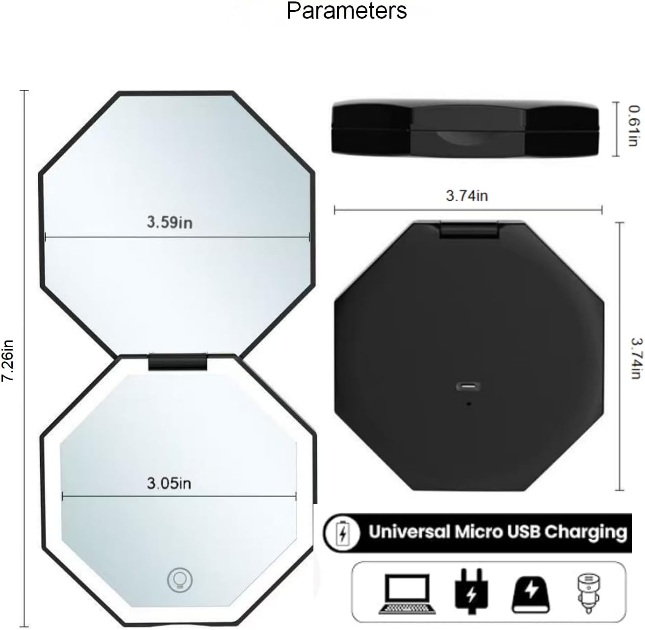 Éclat Bio – Miroir de Poche Rechargeable avec Lumière LED, dimensions et caractéristiques.
