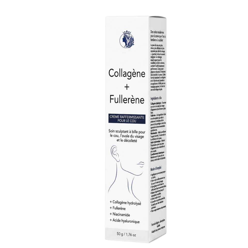 Crème Raffermissante de Luxe pour le Cou emballage, produit anti-âge pour le cou avec collagène et fullerène.