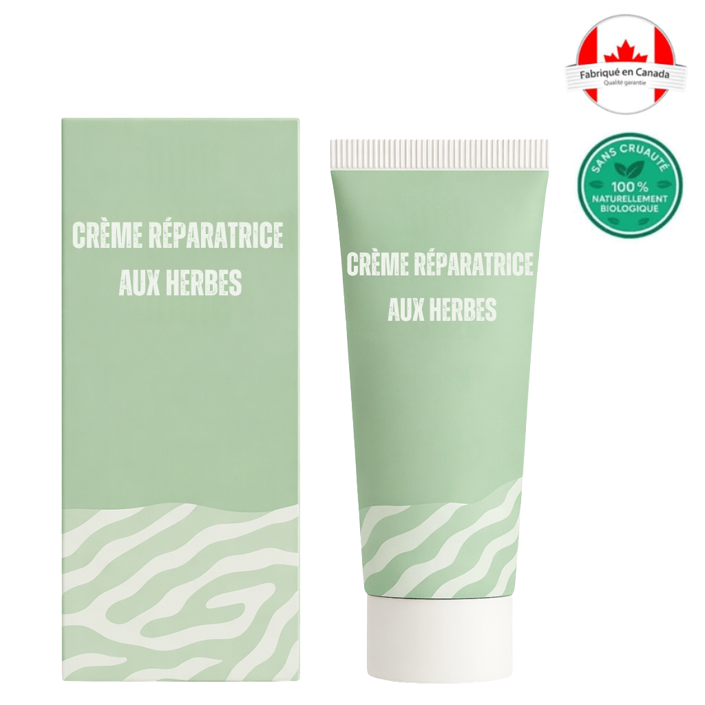 Crème réparatrice aux herbes avec emballage bio, crème de soin à base de plantes naturelles pour une peau douce.