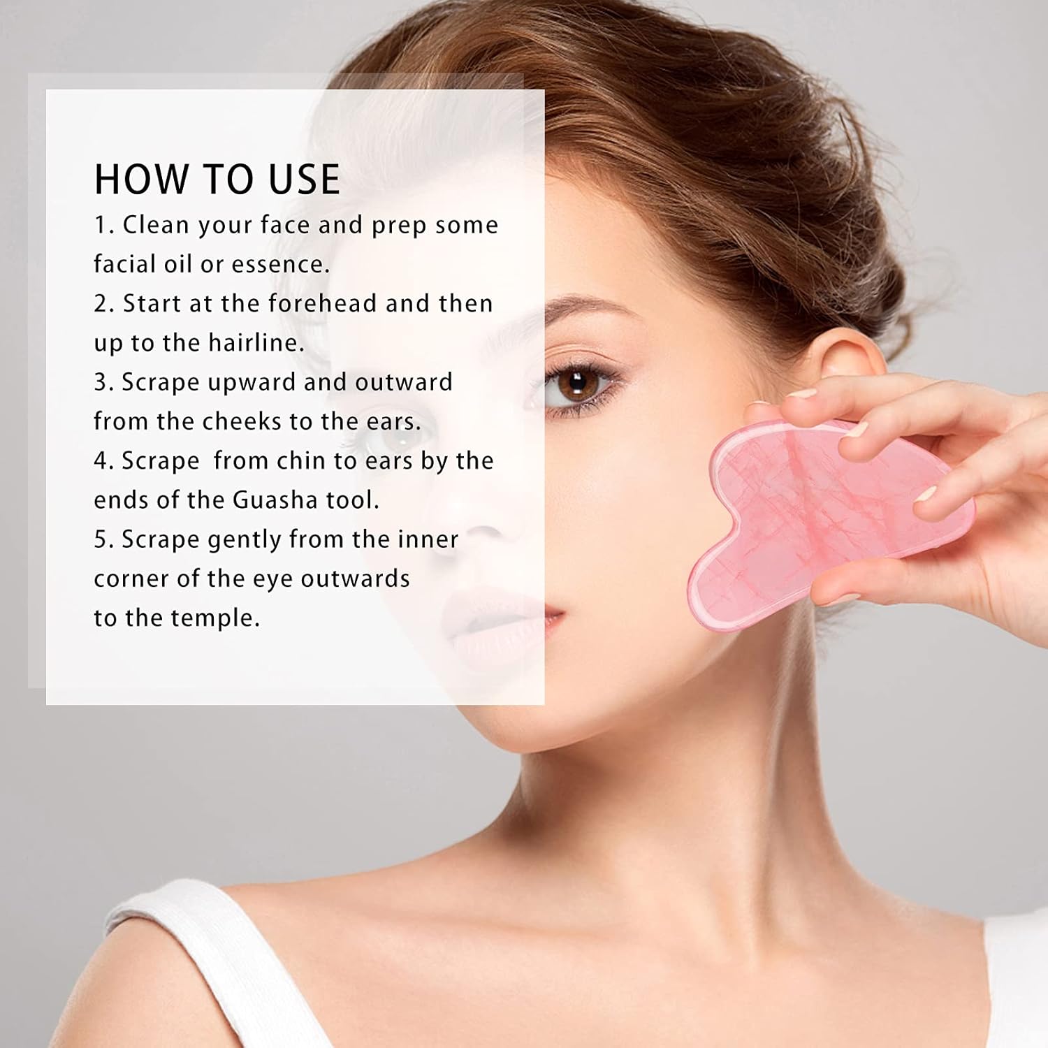 Éclat Bio – Pierre Gua Sha en Quartz Rose Naturel pour Massage Facial, guide d'utilisation avec étapes pour massage.