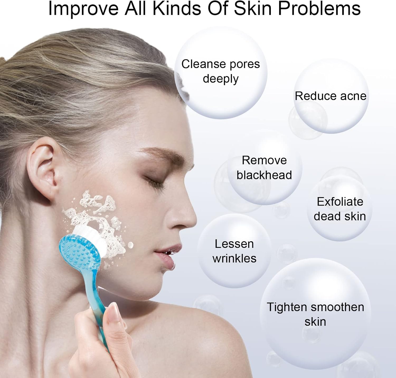 Brosse Nettoyante et Exfoliante pour le Visage Éclat Bio utilisée pour améliorer divers problèmes de peau.