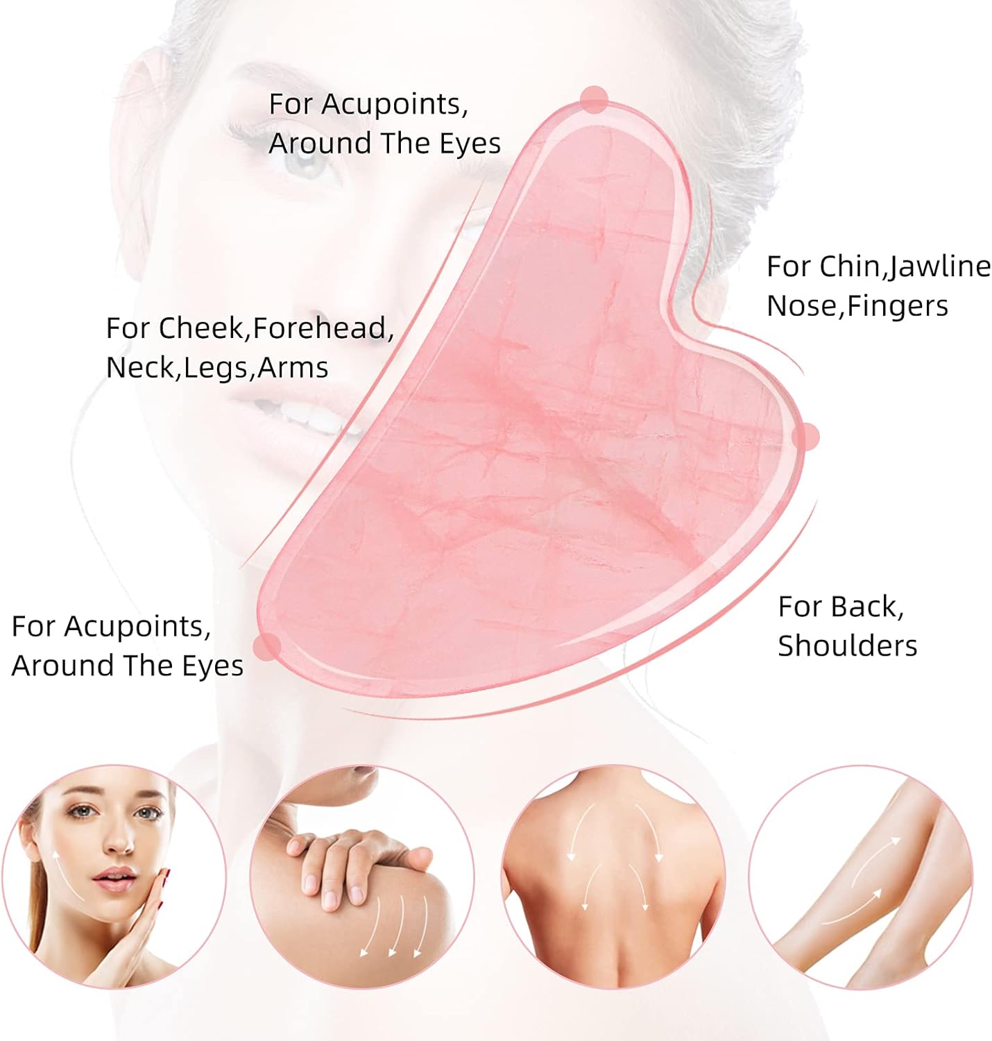Éclat Bio – Pierre Gua Sha en Quartz Rose Naturel pour Massage Facial avec zones d'application pour un massage efficace.