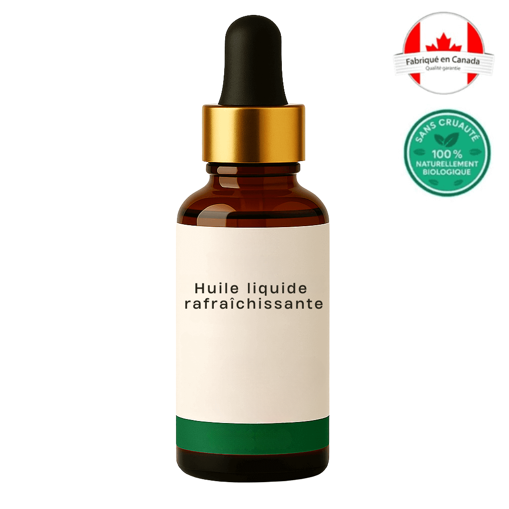 Flacon de Huile liquide rafraîchissante avec pipette, étiquette minimaliste et certifications biologiques.