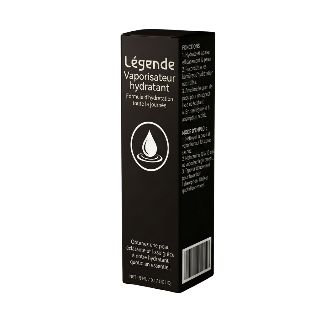 Légende Vaporisateur hydratant en emballage, formule hydratante pour la peau, utilisation quotidienne.