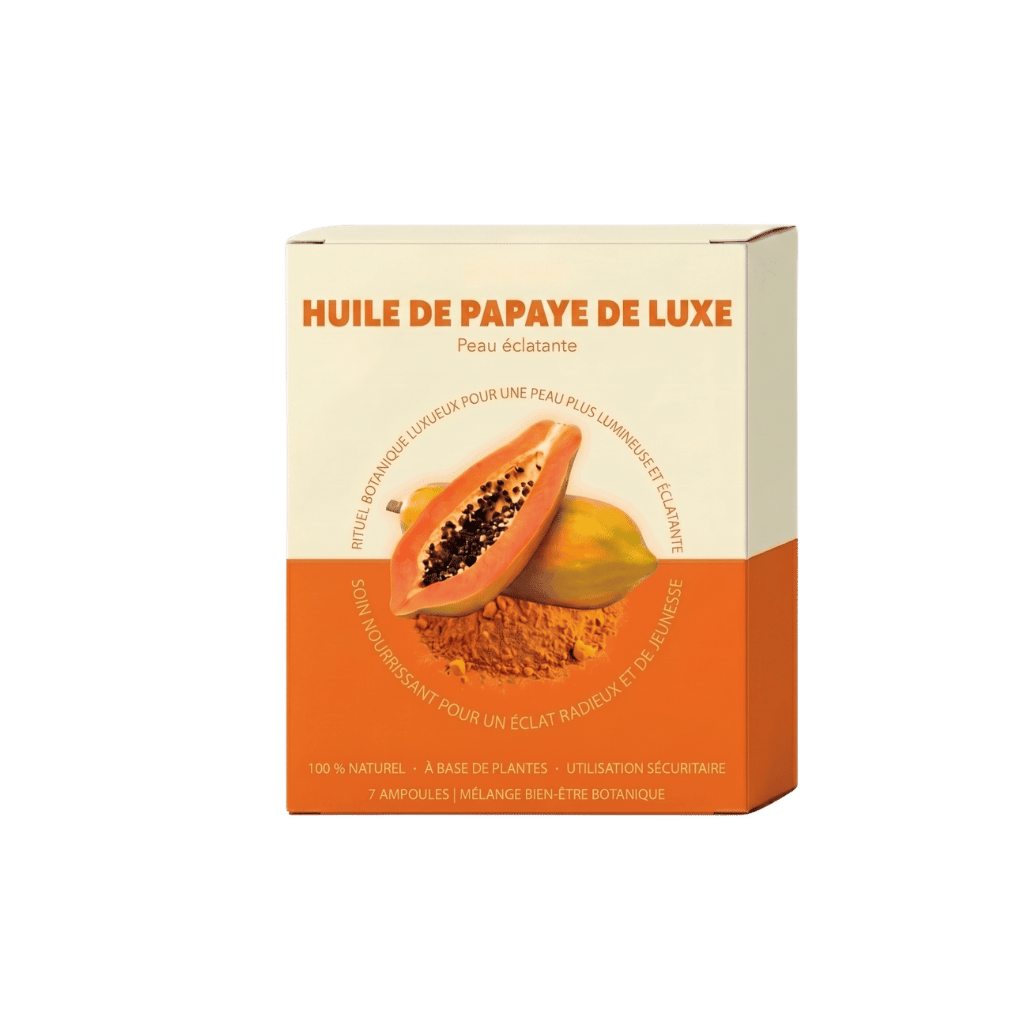Huile de papaye de luxe en emballage, peau éclatante, soin hydratant et revitalisant.