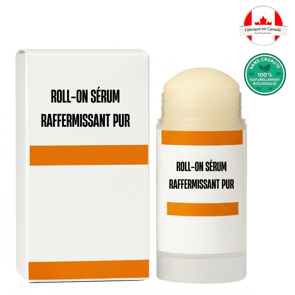 Roll-on sérum raffermissant pur avec emballage, conçu pour une peau lisse et tonifiée.