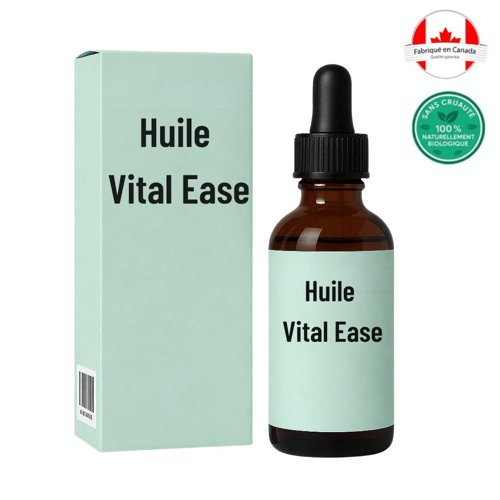 Flacon d'Huile Vital Ease avec emballage, une huile botanique pour routine de soins de la peau.