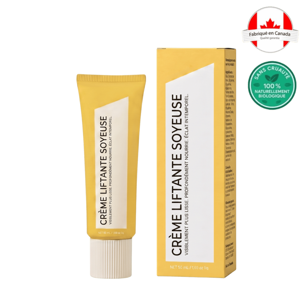 Crème Liftante Soyeuse, crème de beauté liftante en tube et emballage, texture soyeuse, fabriquée au Canada.