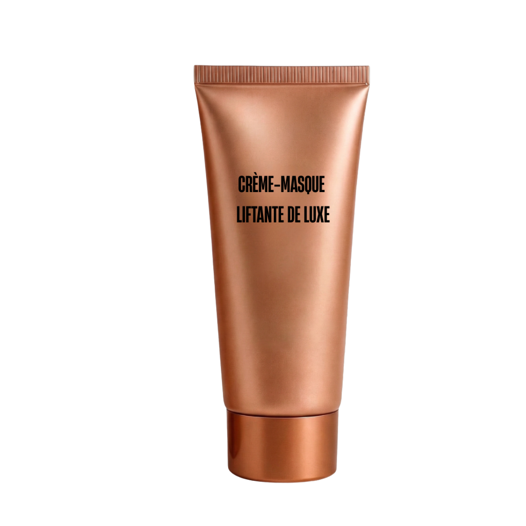 Crème-masque liftante de luxe tube en cuivre avec étiquette noir, soin de peau peel-off pour un teint lumineux.