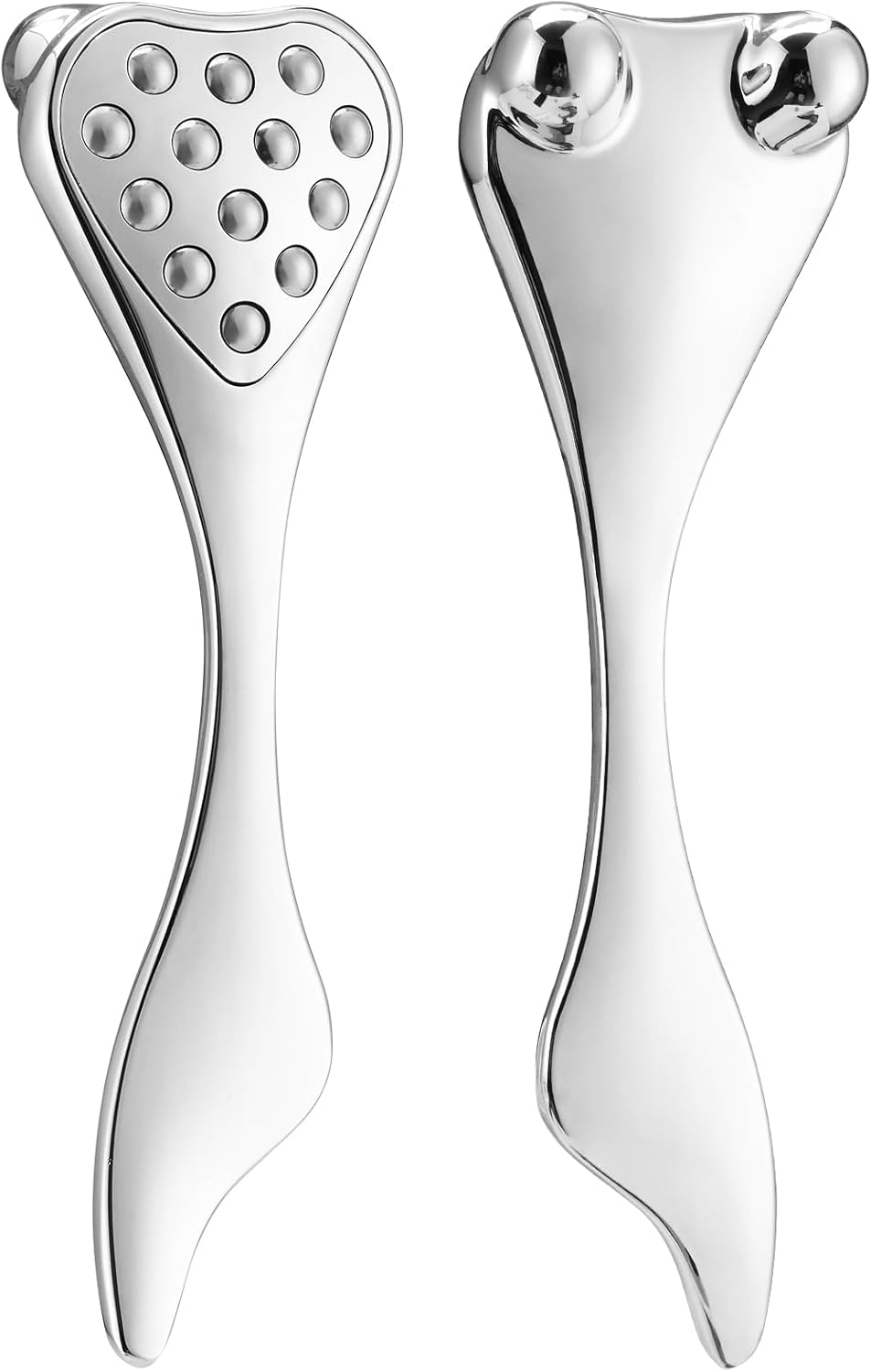 Éclat Bio – Rouleau de Massage Facial 3D en Acier Inoxydable, vue des deux côtés du produit en acier inoxydable.