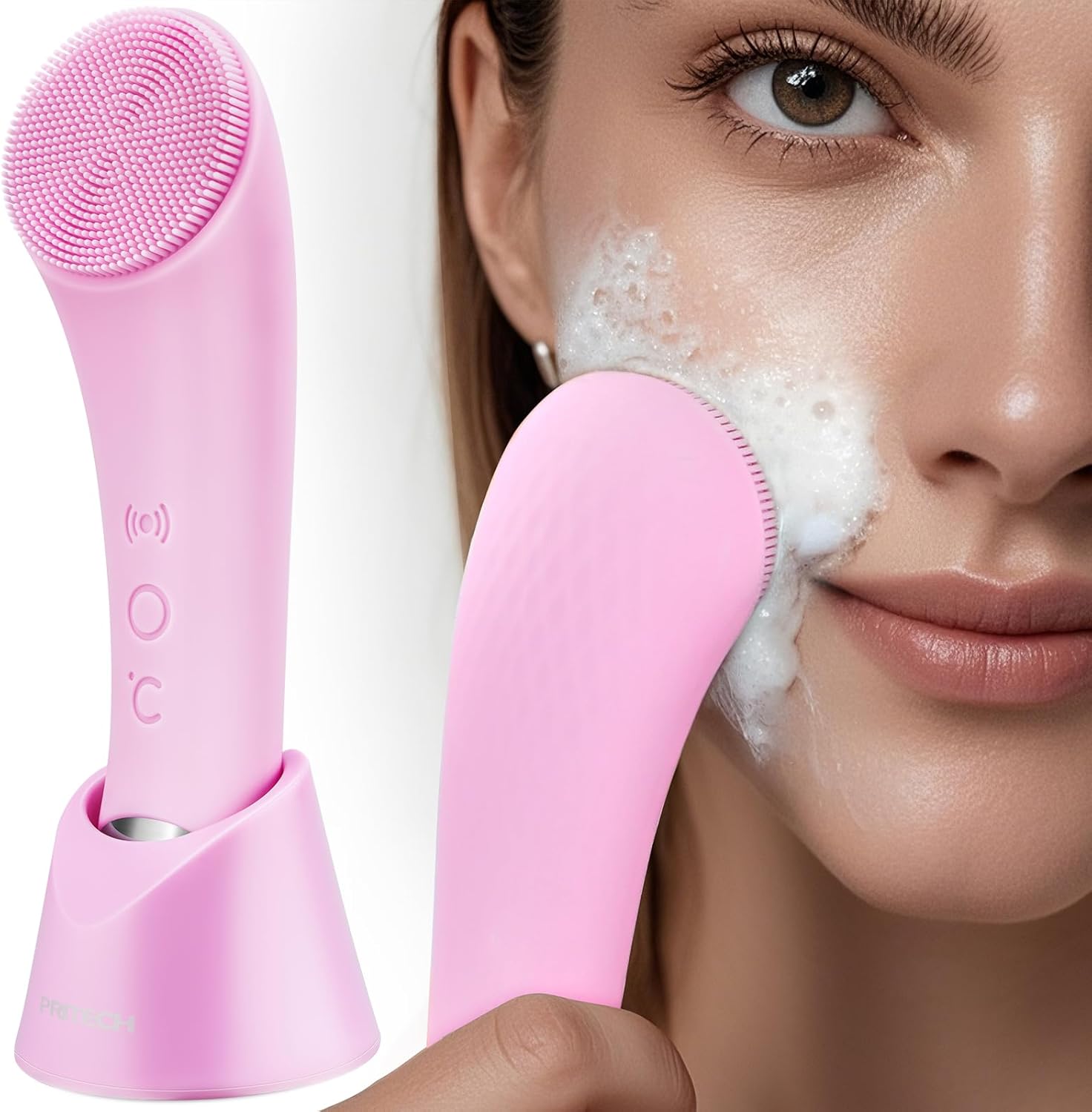 Éclat Bio – Brosse Nettoyante Visage Sonic en action avec une femme nettoyant son visage.