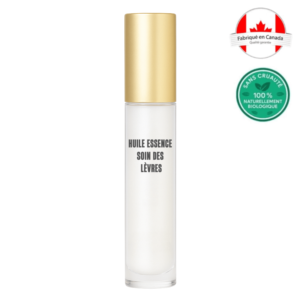 Flacon de Huile essence soin des lèvres avec capuchon doré, produit naturel et biologique.