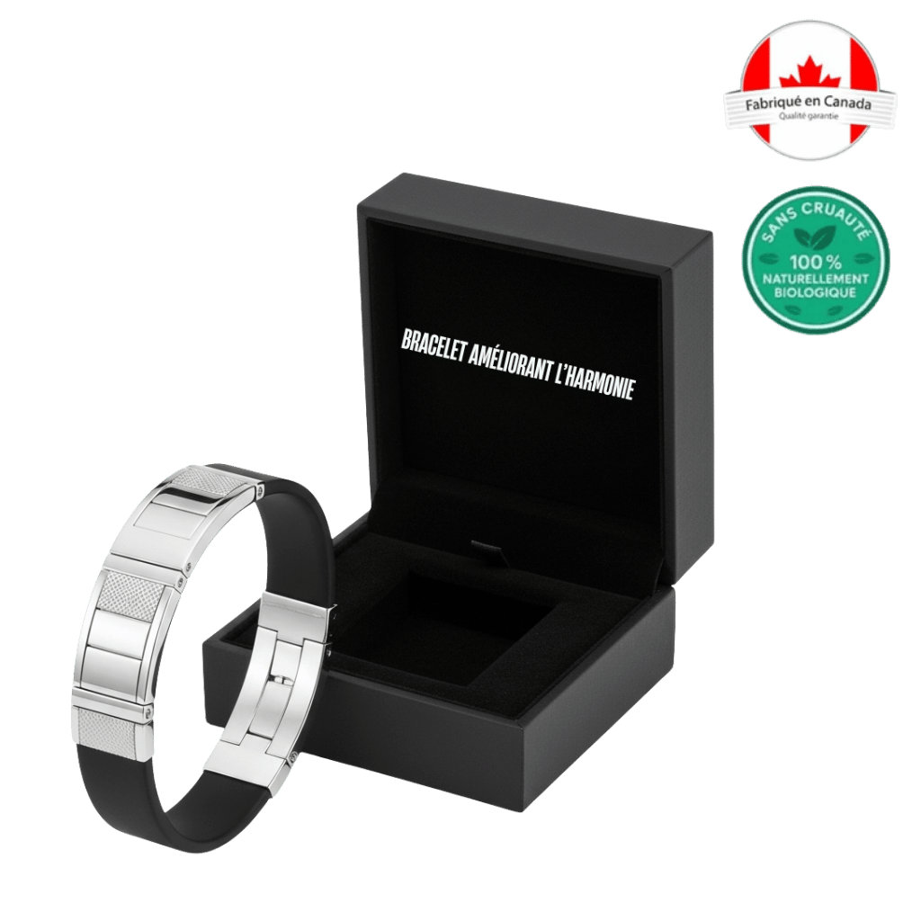 Bracelet de luxe améliorant l’harmonie présenté dans sa boîte élégante, fabriqué au Canada.