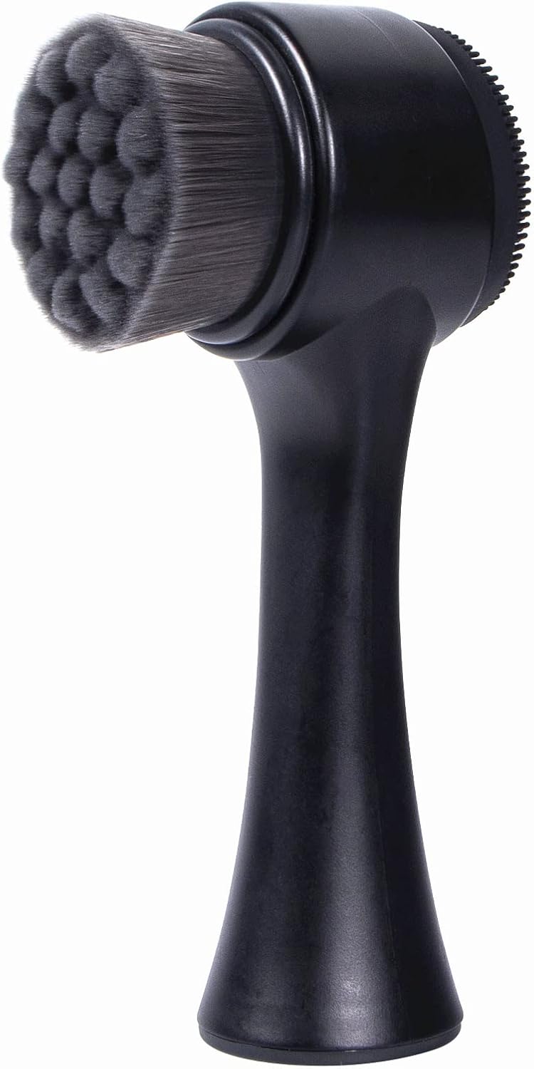 Brosse Nettoyante Visage 2-en-1 Éclat Bio, brosse noire à poils doux pour nettoyage en profondeur et exfoliation.