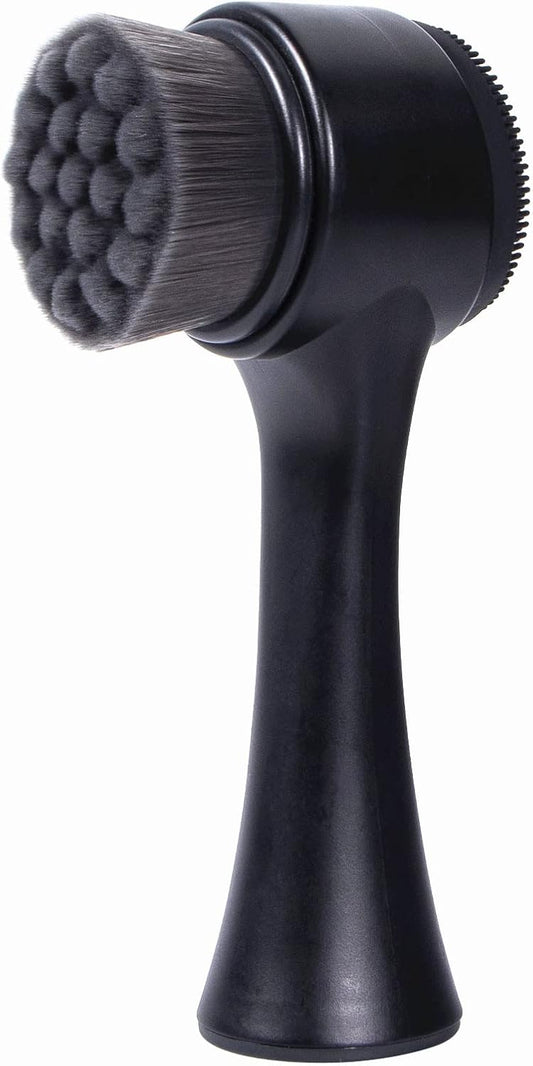 Brosse Nettoyante Visage 2-en-1 Éclat Bio, brosse noire à poils doux pour nettoyage en profondeur et exfoliation.