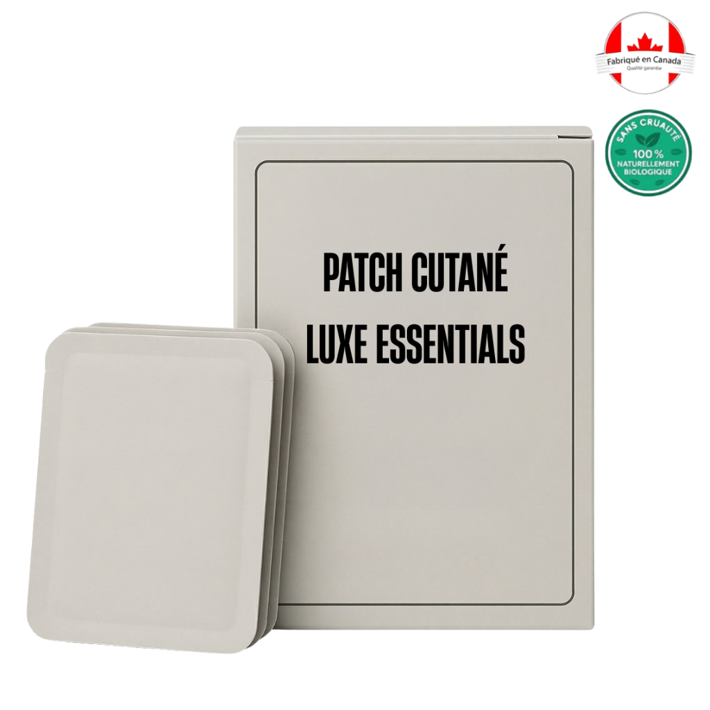 Patch cutané Luxe Essentials packaging with a patch beside it, designed for enhancing skin natural glow.