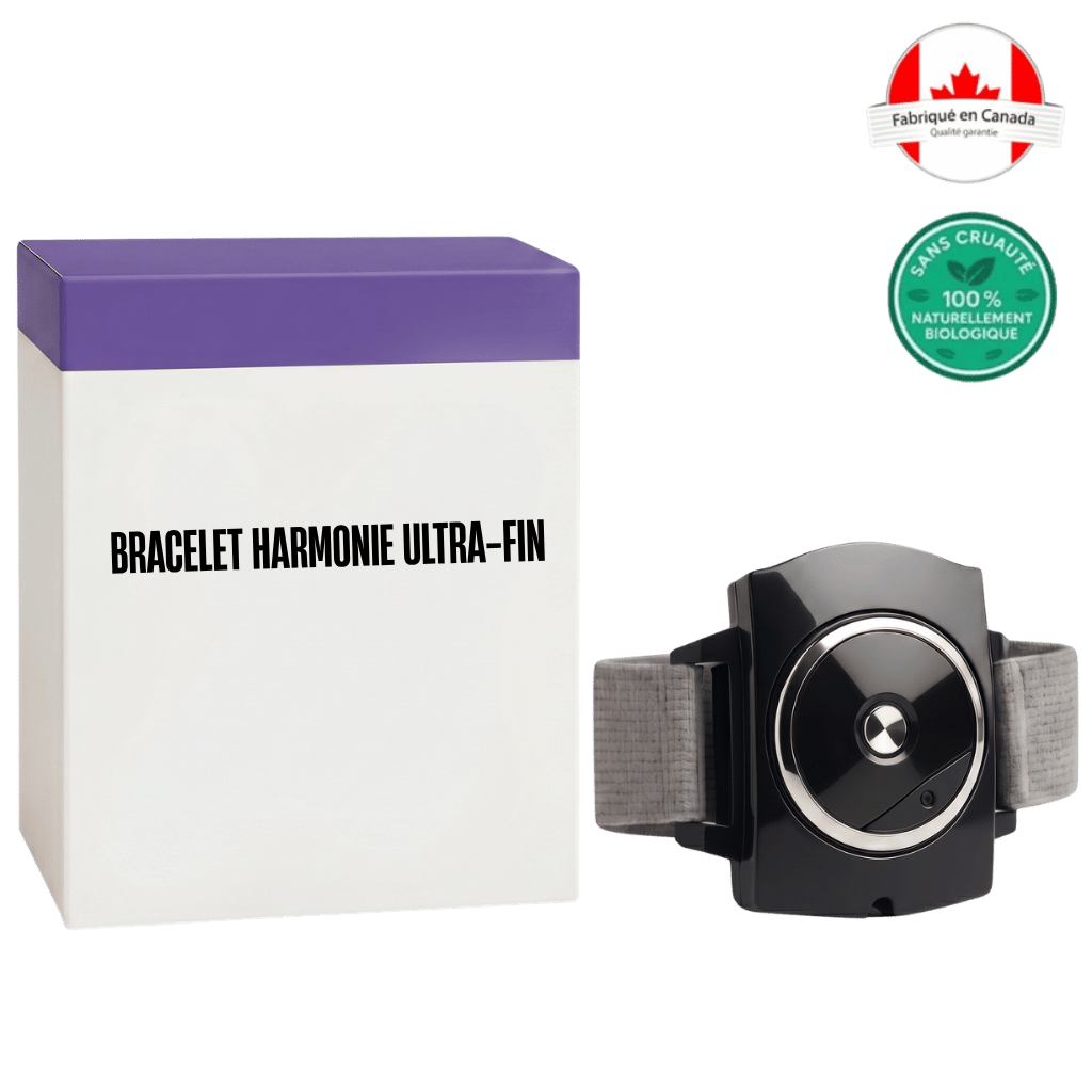 Bracelet Harmonie ultra-fin présenté avec son emballage élégant, fabriqué au Canada.