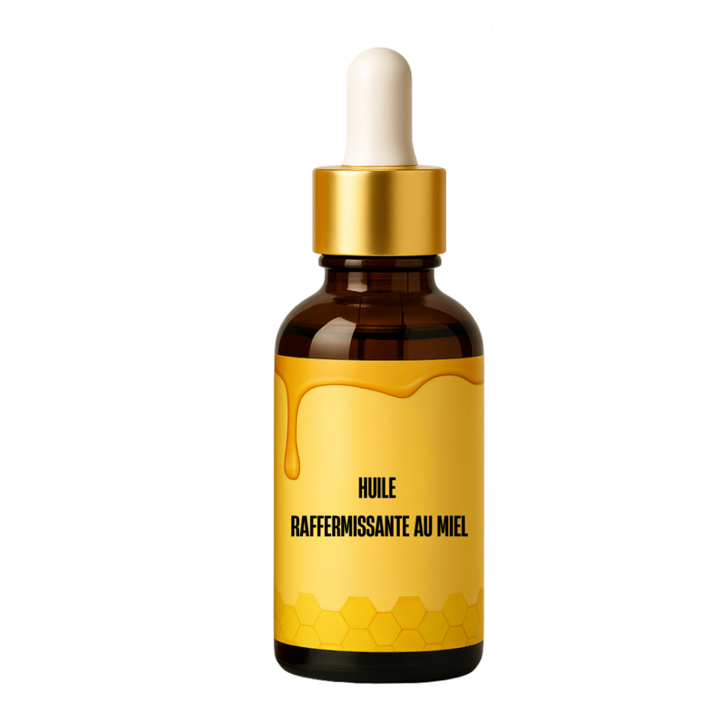 Flacon d'Huile Raffermissante au Miel, soin de la peau nourrissant et hydratant, rendu élégant et naturel.