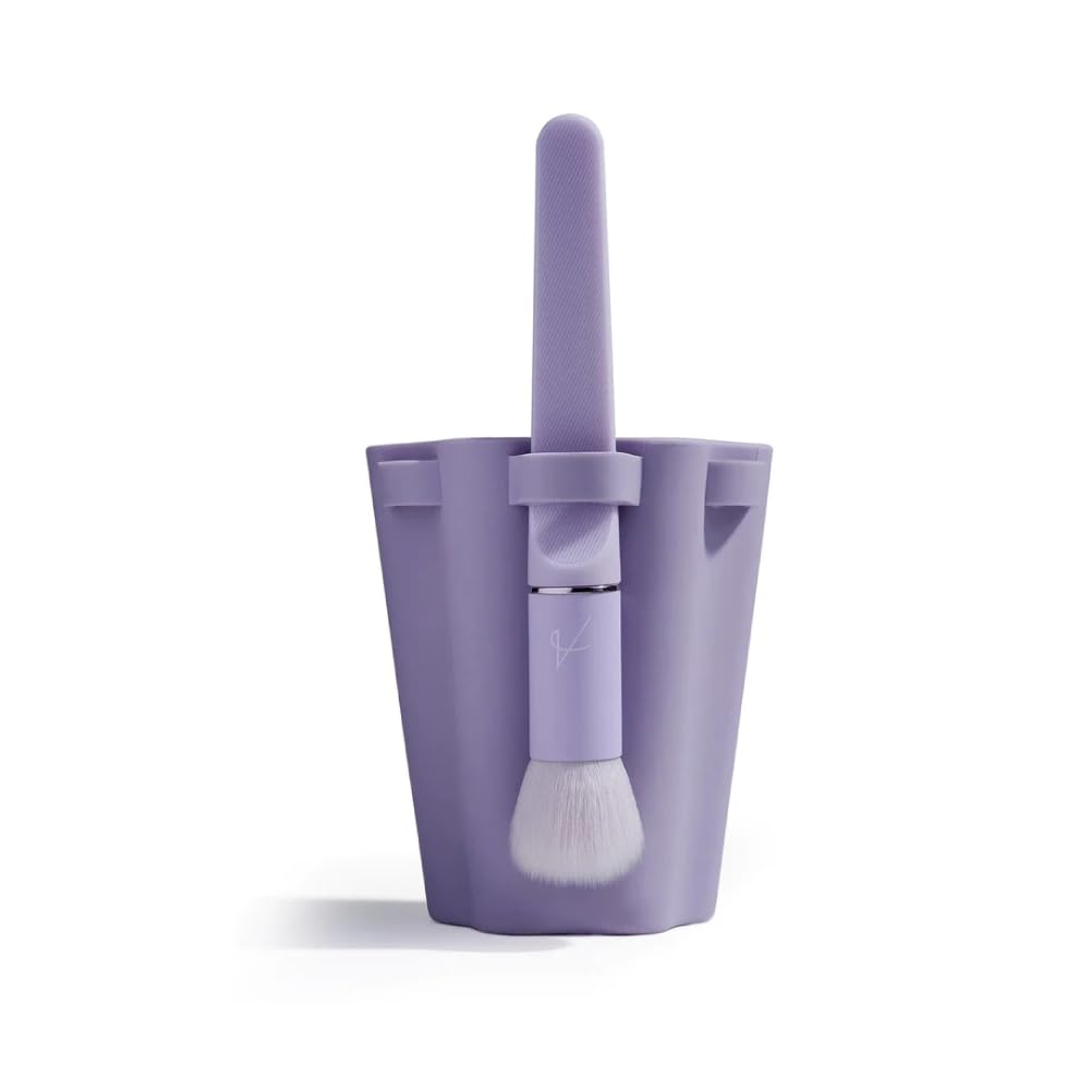 Éclat Bio – Coupe de Séchage et Rangement pour Pinceaux en silicone violet avec pinceau.