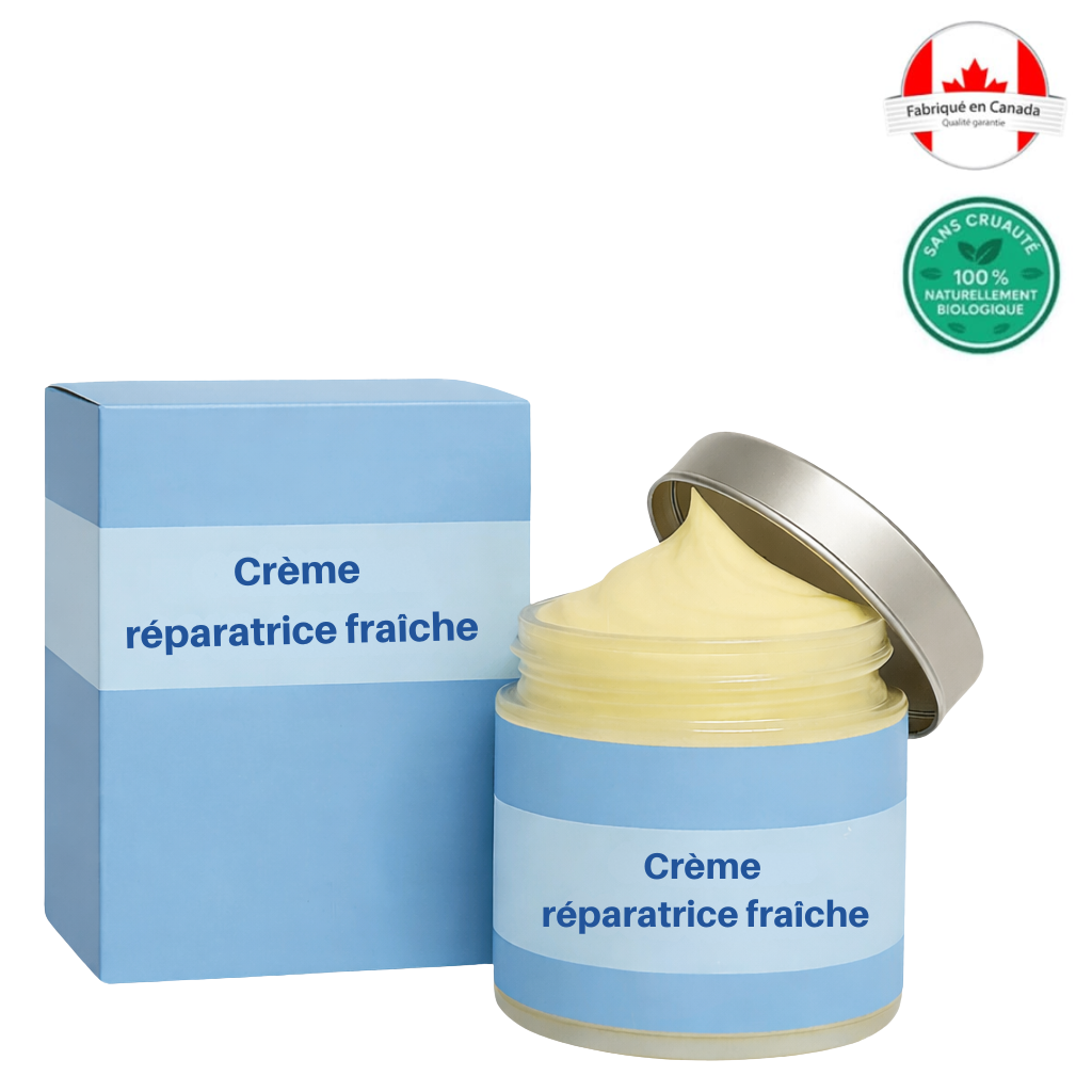 Crème réparatrice fraîche dans un pot en verre avec son emballage, idéal pour hydrater la peau.