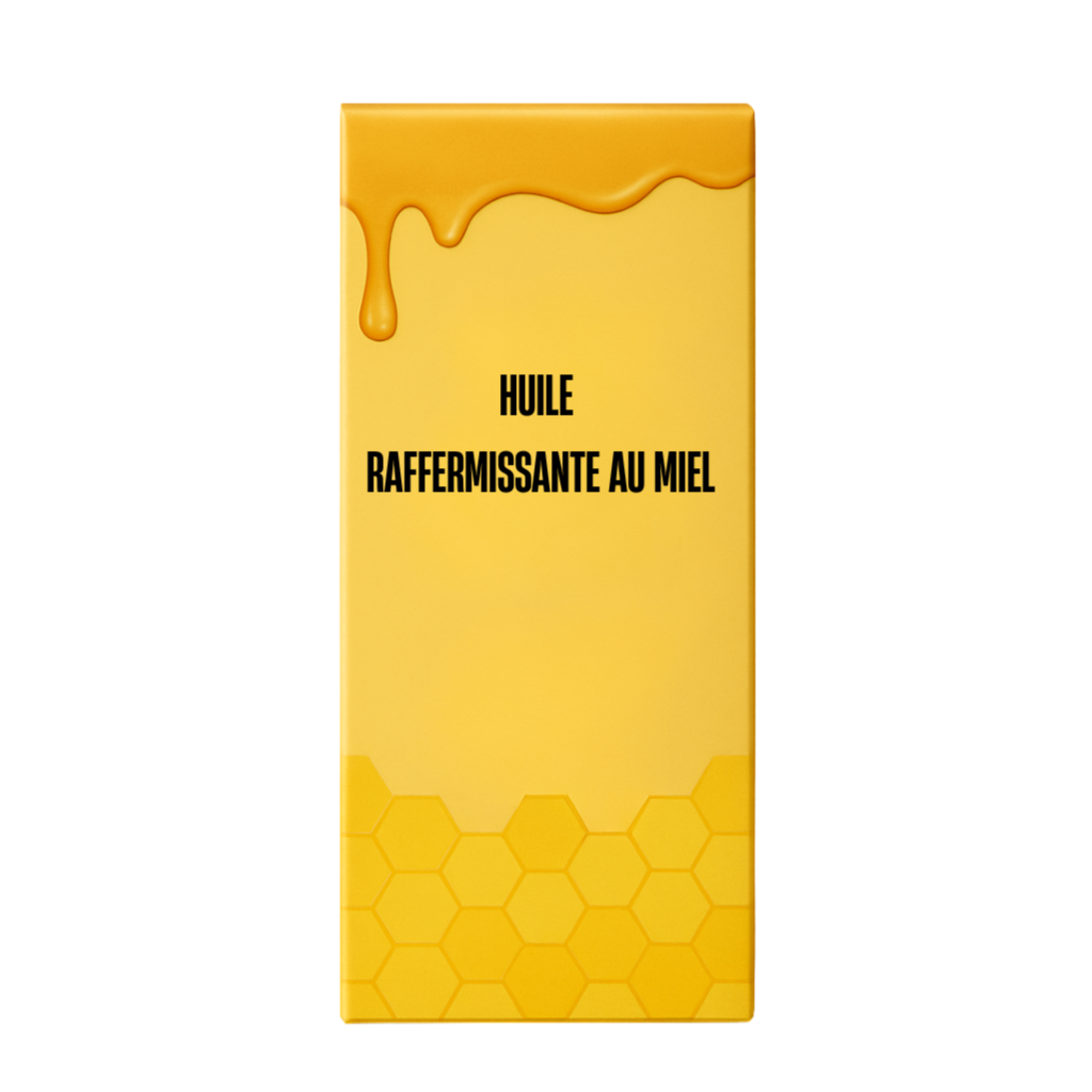 Huile Raffermissante au Miel - emballage jaune avec motifs de ruche et gouttes de miel.