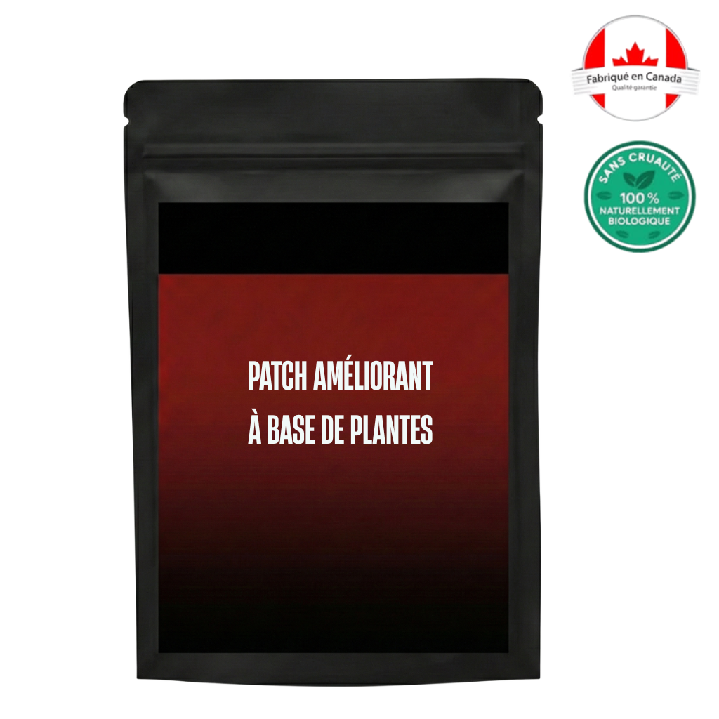 Patch améliorant à base de plantes en emballage noir, conçu pour une peau lisse et soignée.