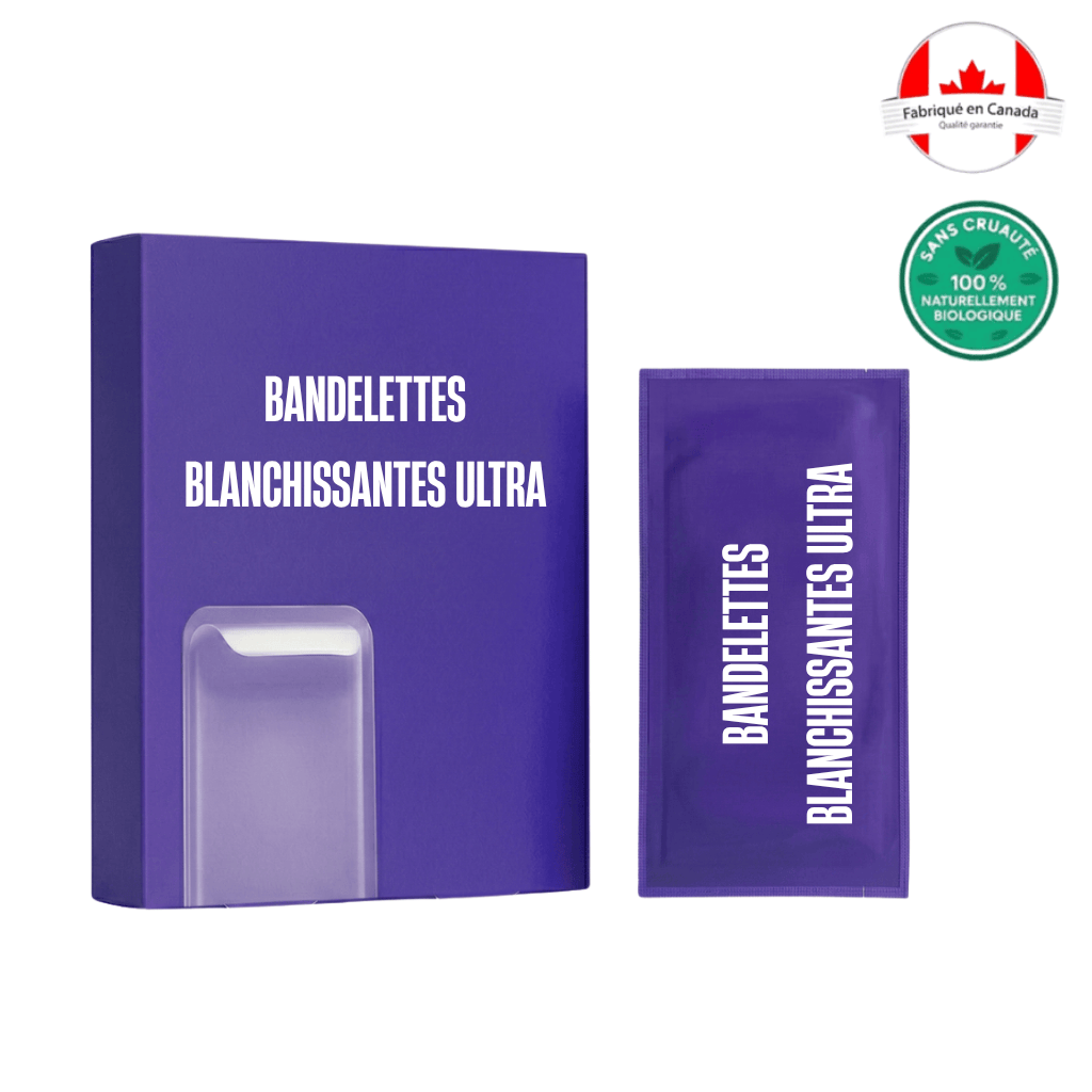 Bandelettes blanchissantes ultra, pack présentant des bandes de soins buccodentaires pour un sourire éclatant.
