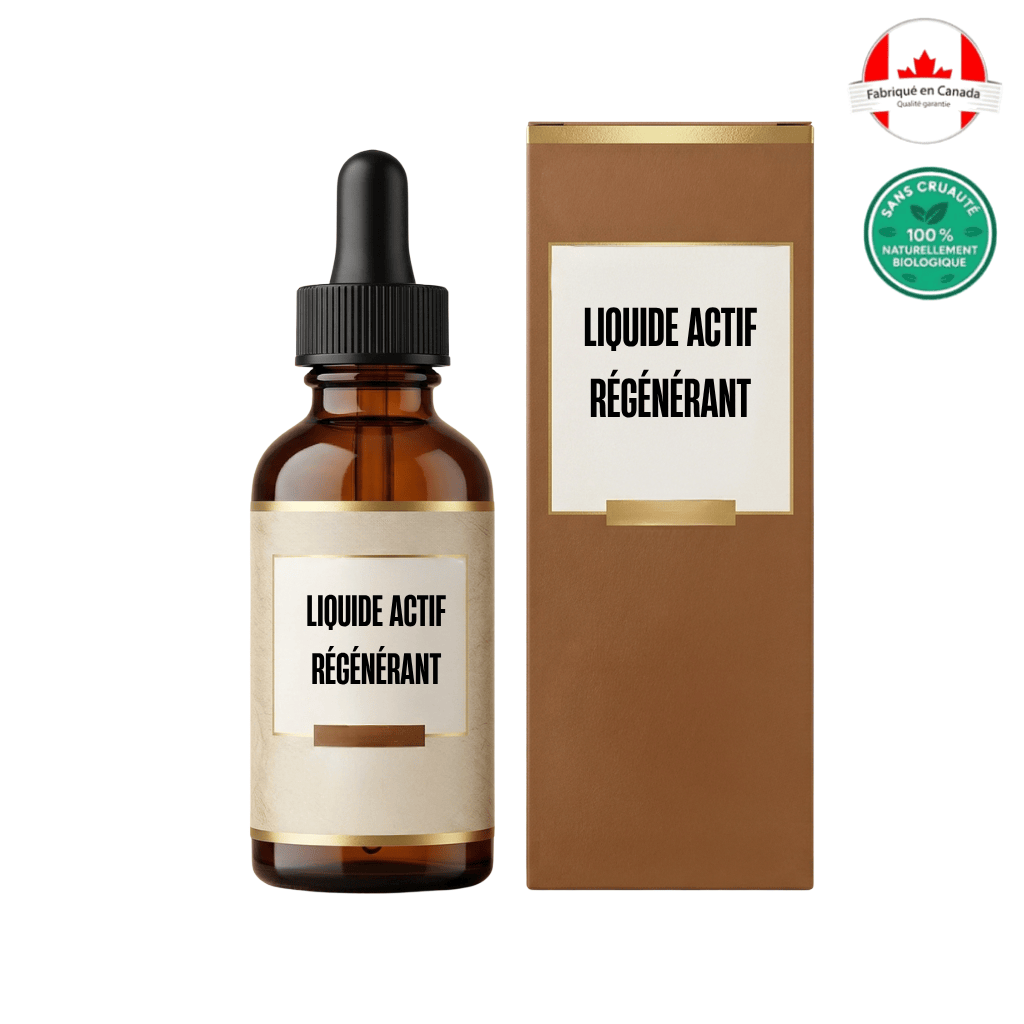 Bouteille de Liquide Actif Régénérant avec son emballage, conçu pour une peau éclatante et soignée.