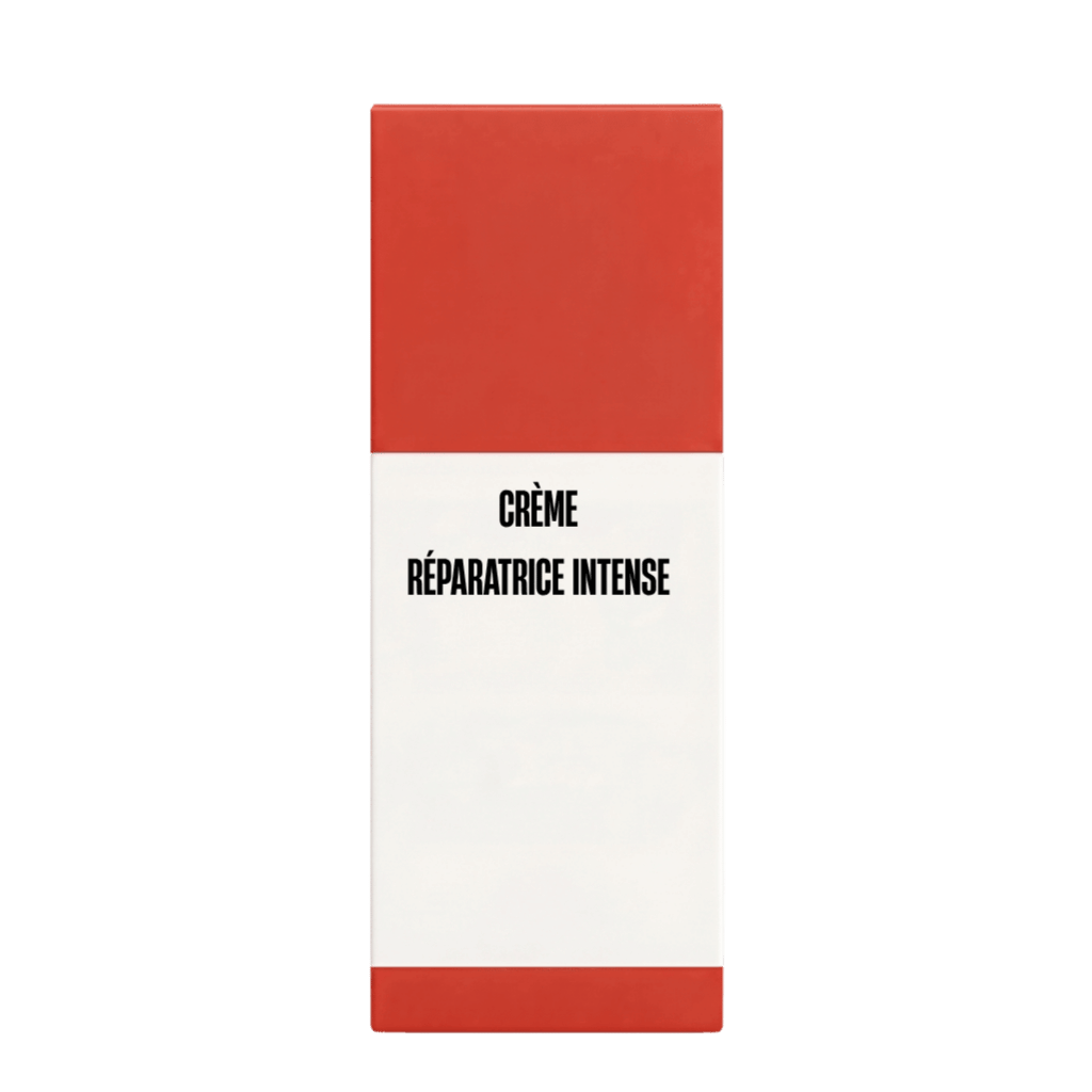 Emballage de Crème réparatrice intense avec un design simple, mettant en avant la marque et le produit.