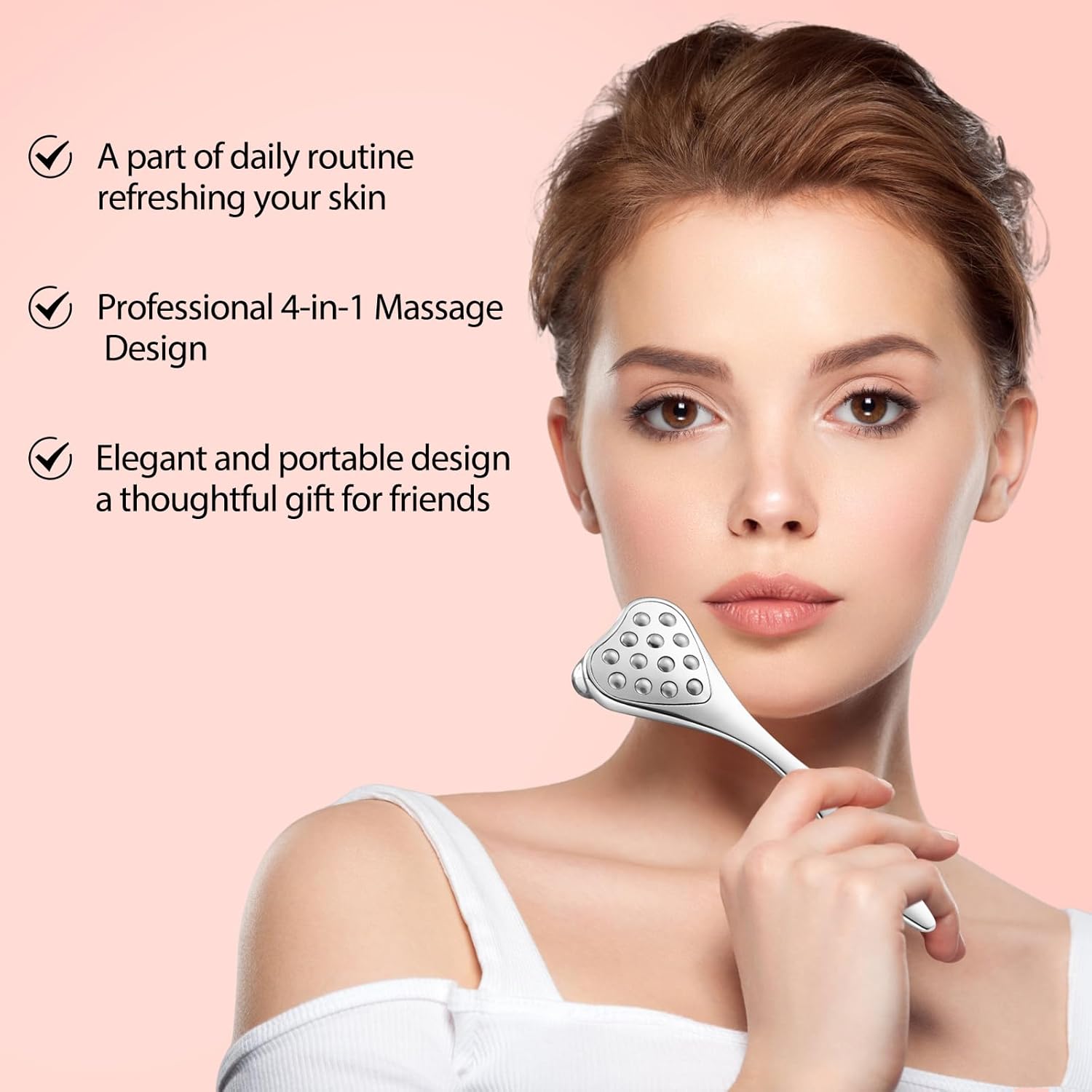 Éclat Bio – Rouleau de Massage Facial 3D en Acier Inoxydable en usage, transformant la routine de beauté quotidienne.