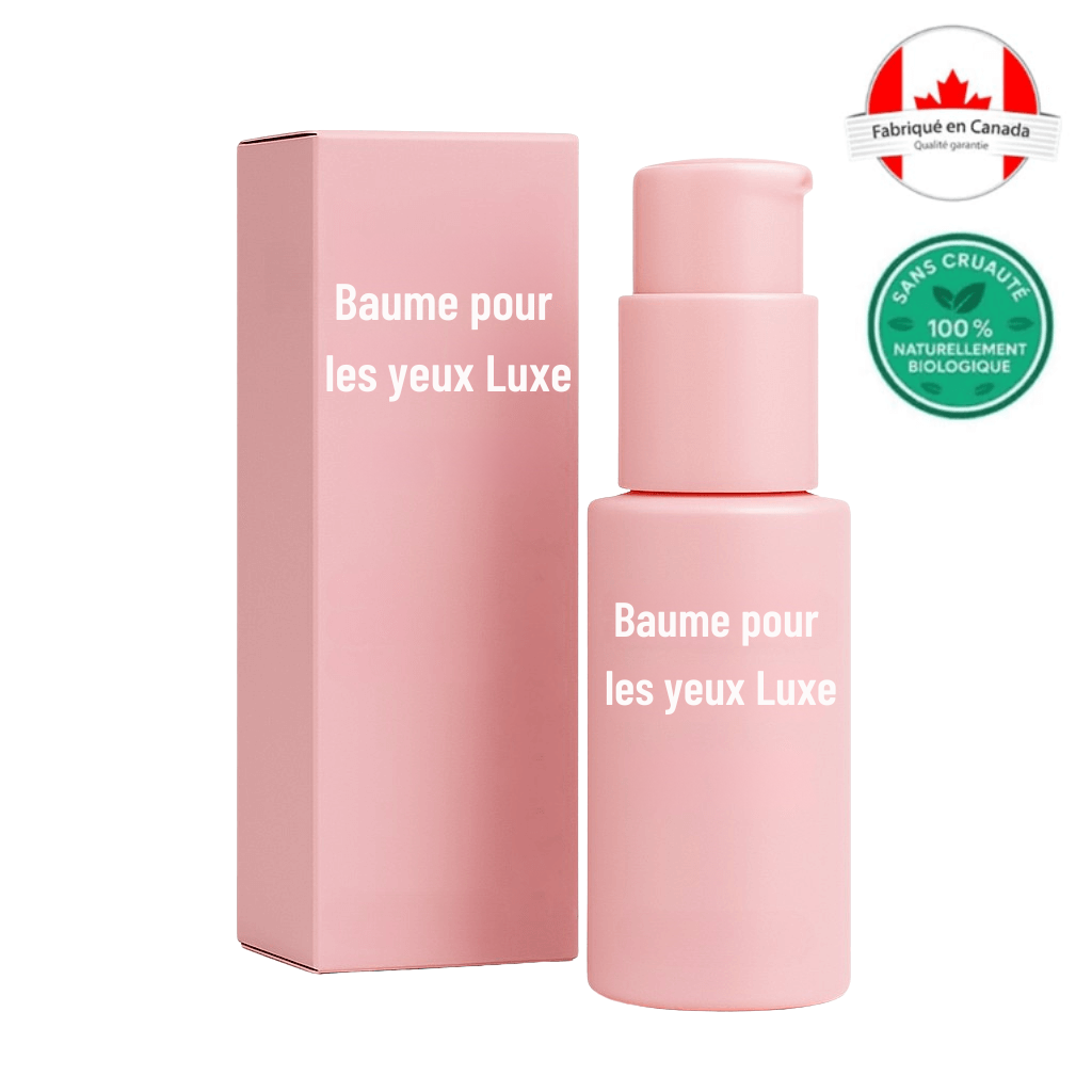 Baume pour les yeux Luxe, flacon rose élégant avec étiquette, soin contour des yeux.