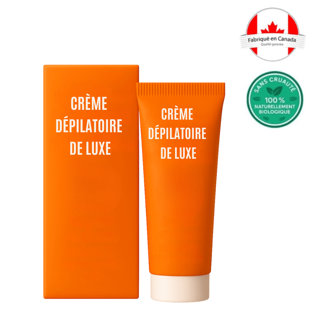 Crème dépilatoire de luxe en tube avec emballage orange, formule douce pour la peau.