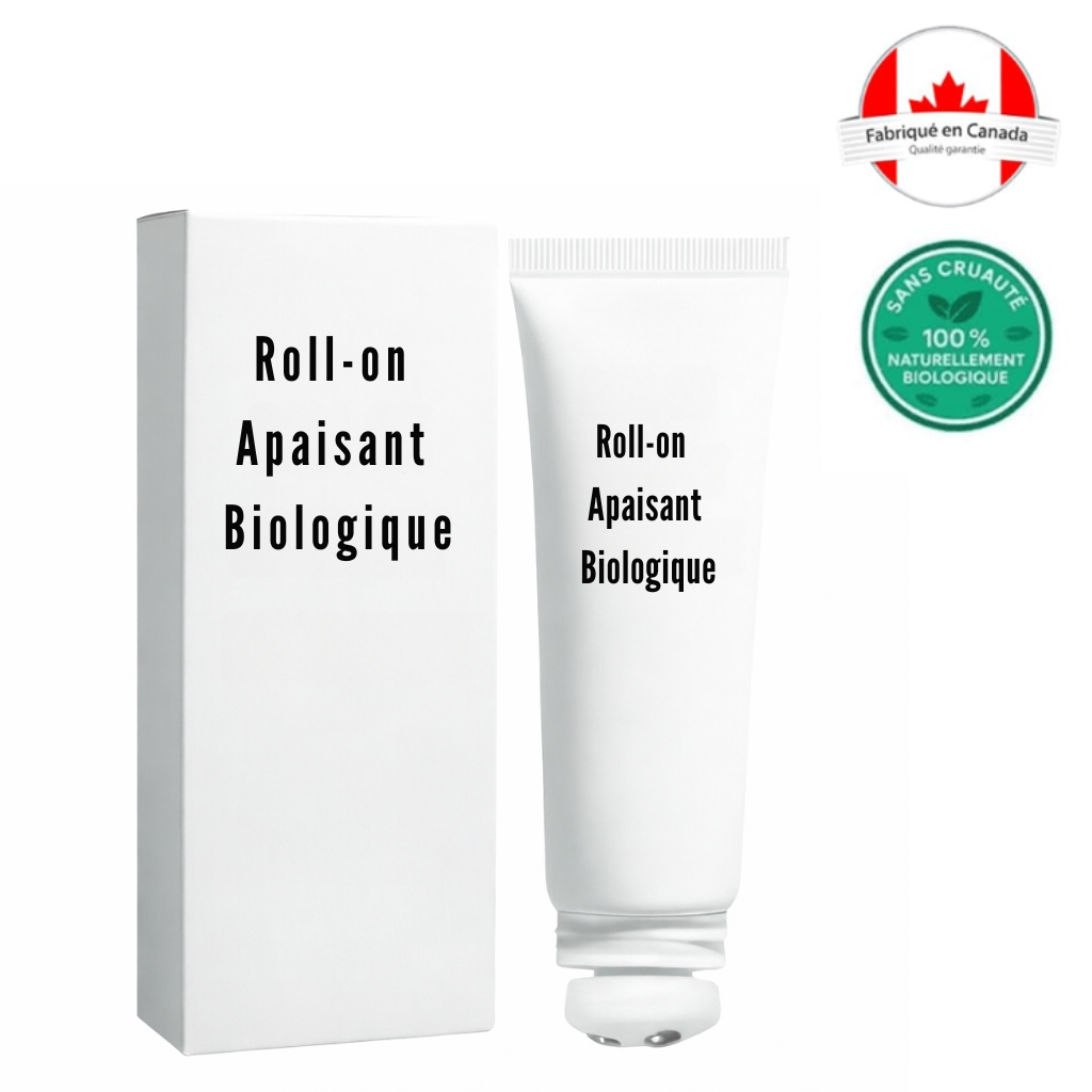 Roll-on Apaisant Biologique packaging showcasing the natural skincare benefits and cruelty-free features.