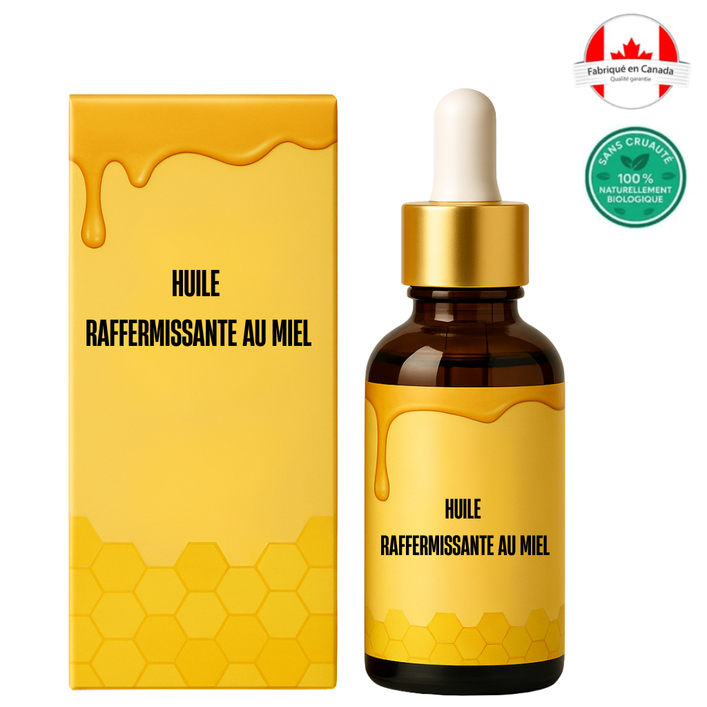 Flacon d'Huile Raffermissante au Miel avec sa boîte, soin de la peau naturel et hydratant.