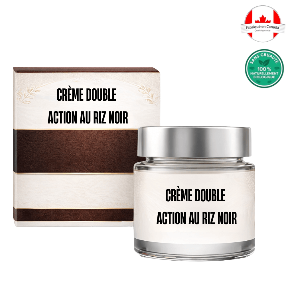 Crème double action au riz noir dans un élégant pot avec un emballage raffiné.