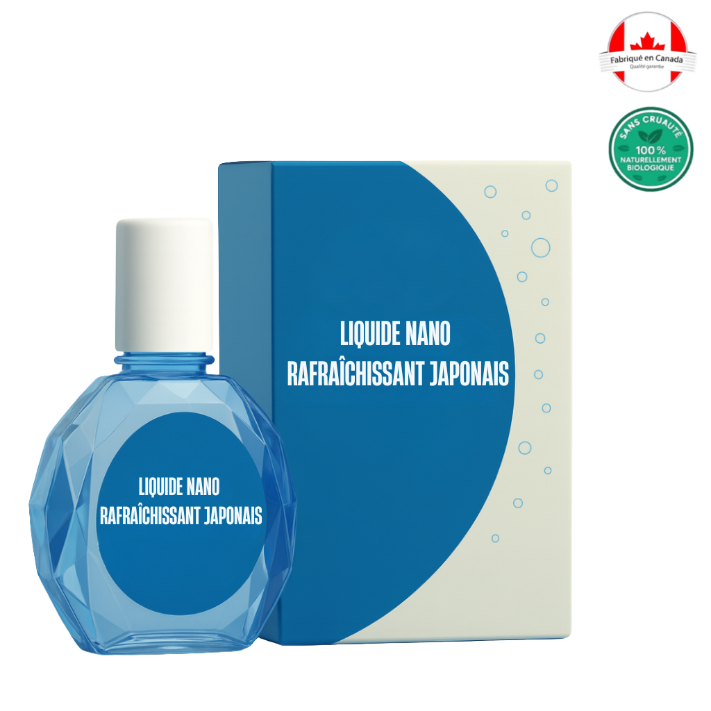 Liquide nano rafraîchissant japonais dans son flacon bleu avec emballage, essence beauté légère et naturelle.
