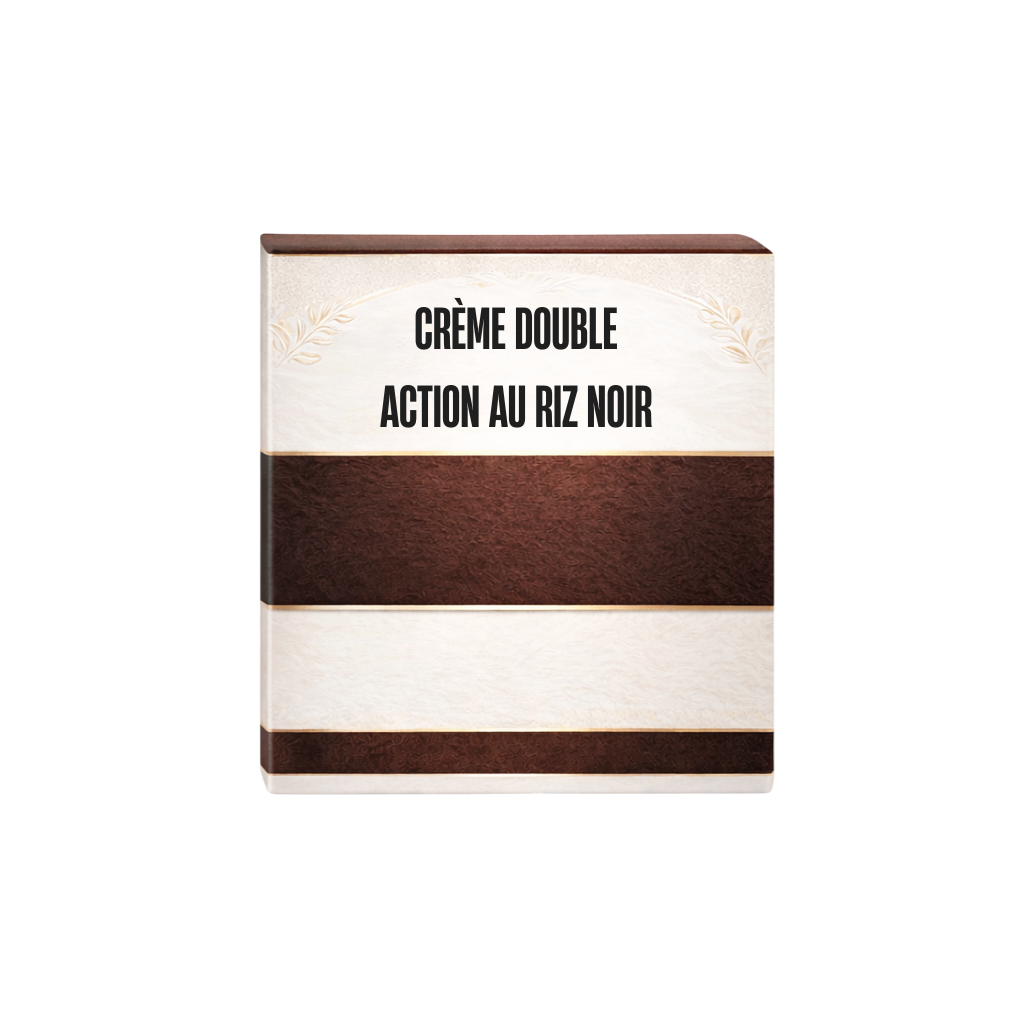 Crème double action au riz noir emballage élégant pour une peau lisse et lumineuse.