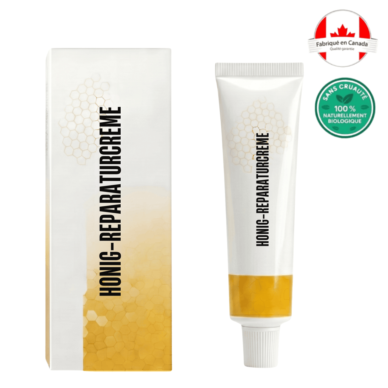 Crème réparatrice au miel de luxe, tube et boîte, soin doux pour une peau lisse et entretenue.