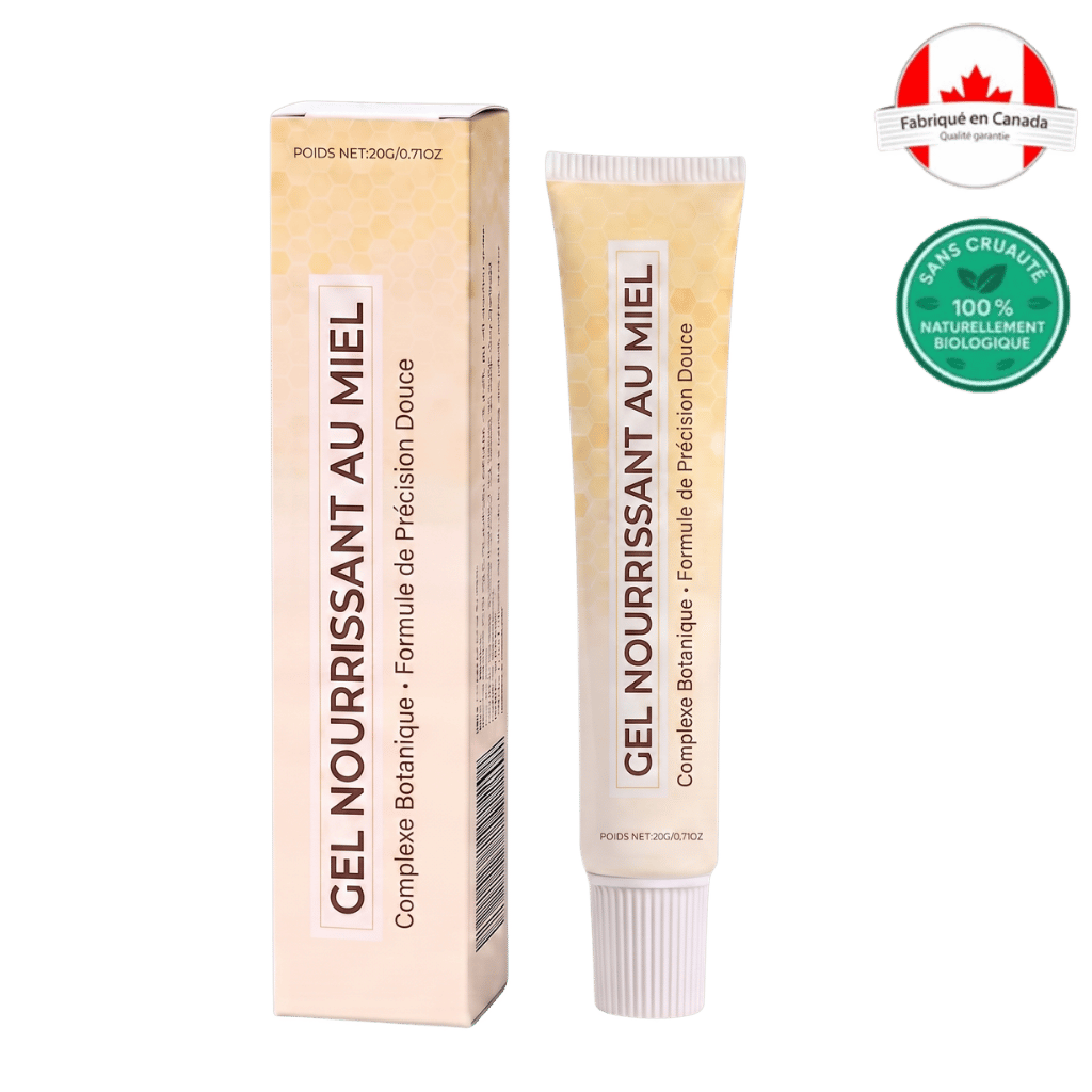 Tube de Gel Nourrissant au Miel Premium avec emballage, produit biologique pour une peau douce et hydratée.