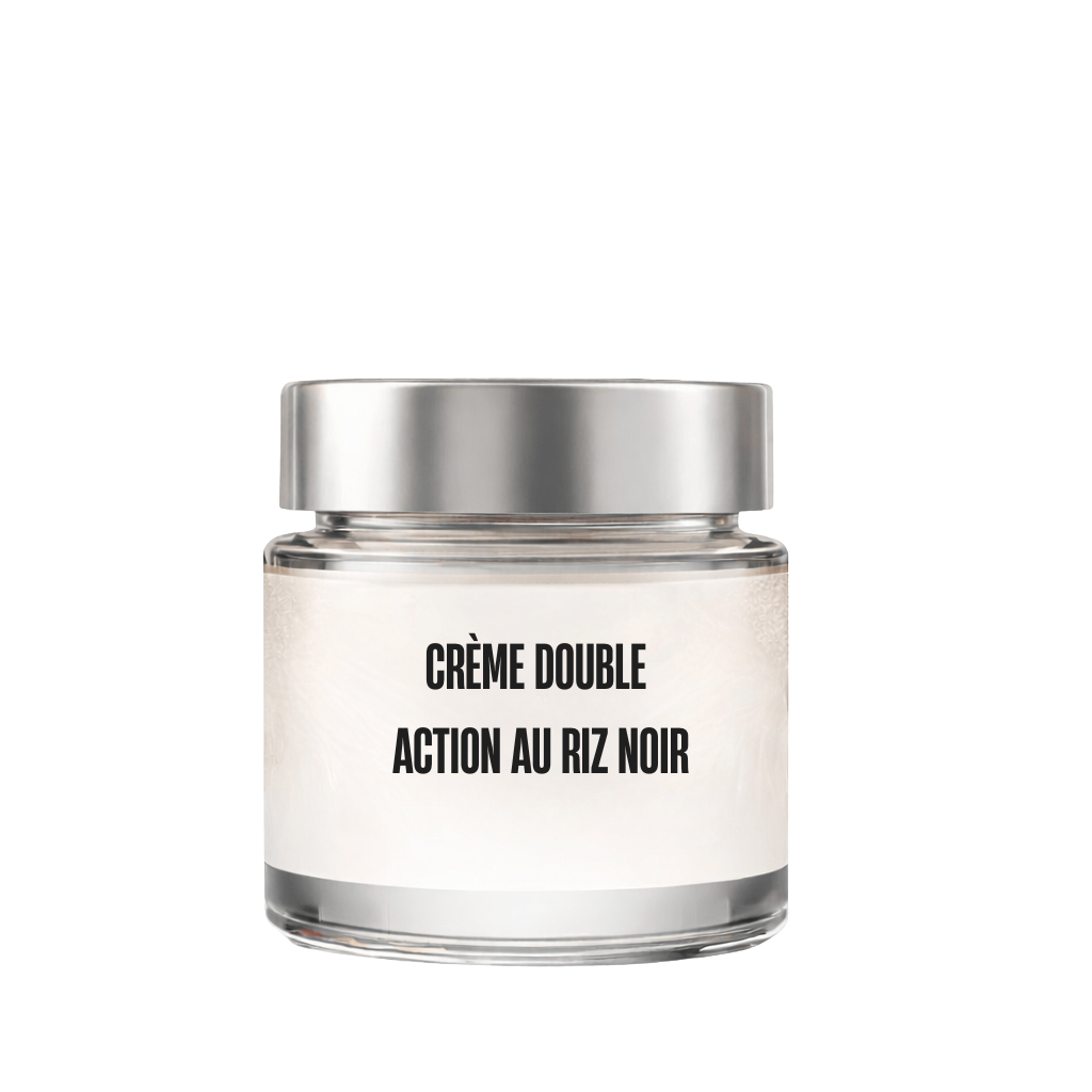 Crème double action au riz noir dans un pot élégant pour un teint lisse et lumineux.