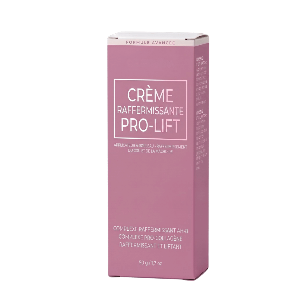 Crème raffermissante pour le cou en emballage rose avec applicateur à rouleau.