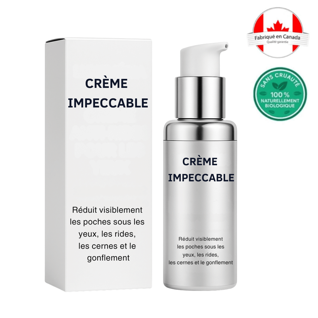 Crème impeccable eye cream in a sleek bottle with a box, designed to reduce fine lines and refresh the eye area.