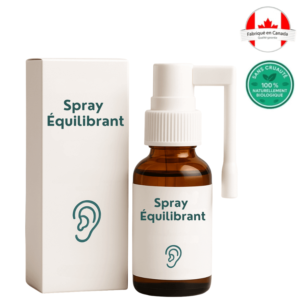 Spray Équilibrant bottle with box, natural ear relief, made in Canada, soothing daily companion.