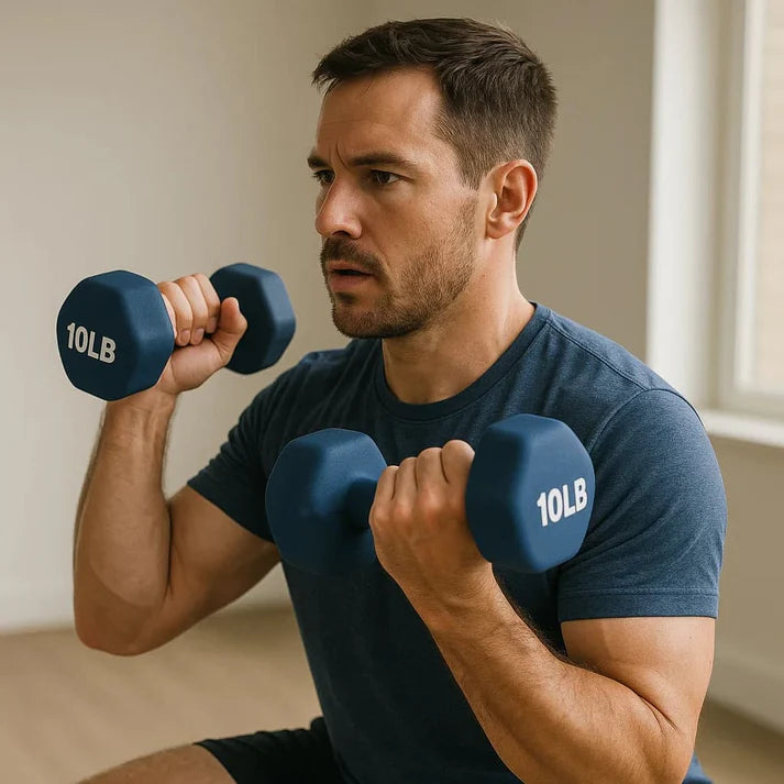 Homme utilisant les haltères Éclat Bio DuoTone de 10LB pour un entraînement de force complet.