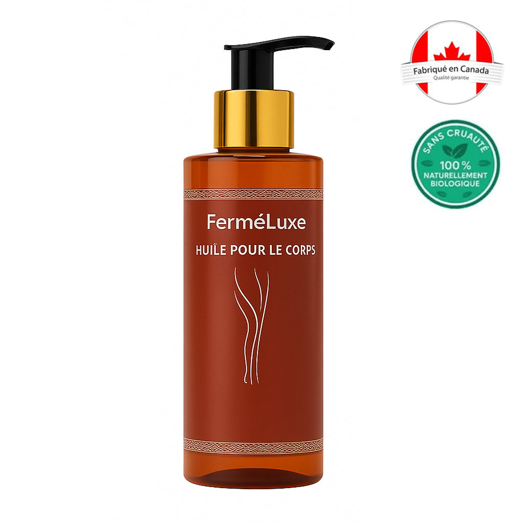 Eclat Bio Huile pour le corps in a luxurious amber bottle with a pump dispenser, ideal for deep skin hydration.