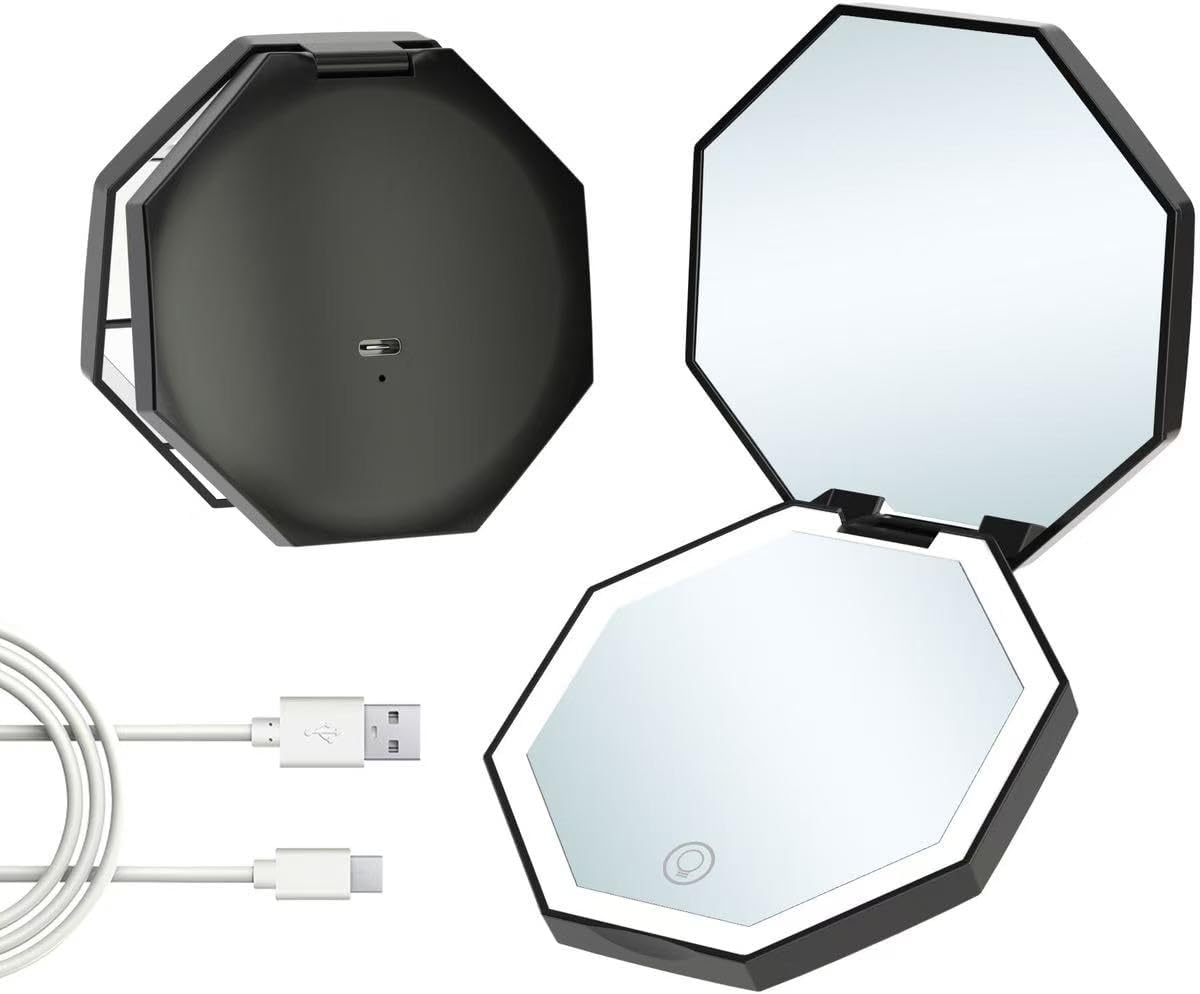 Éclat Bio – Miroir de Poche Rechargeable avec Lumière LED, miroir octogonal compact avec éclairage intégré.