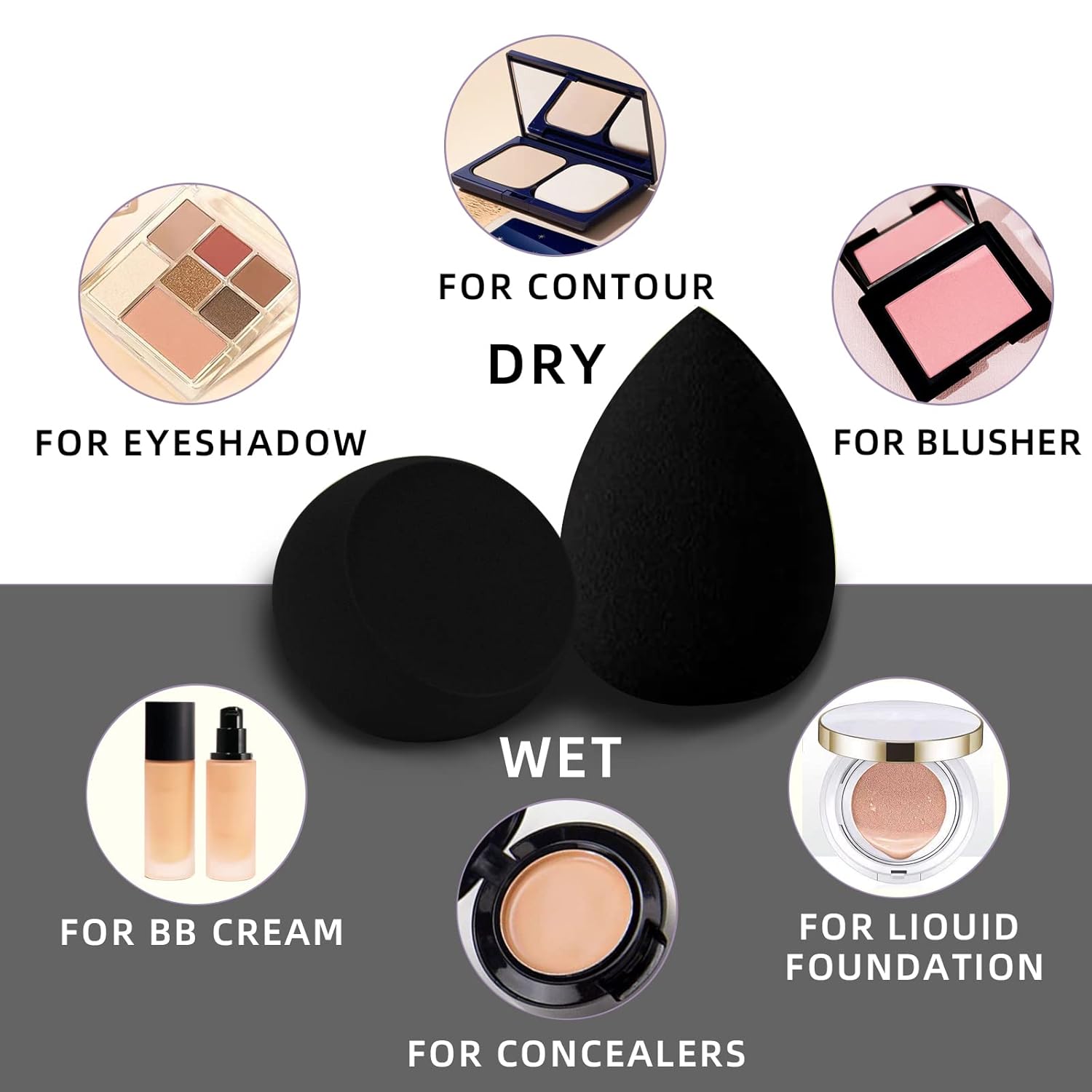 Éclat Bio – Éponge à Maquillage Professionnelle montrant son utilisation pour différents produits de maquillage.