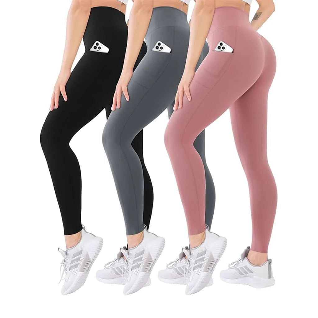 Leggings Éclat Bio SilhouetteFlex disponibles en noir, gris et rose, avec poches latérales et taille haute.
