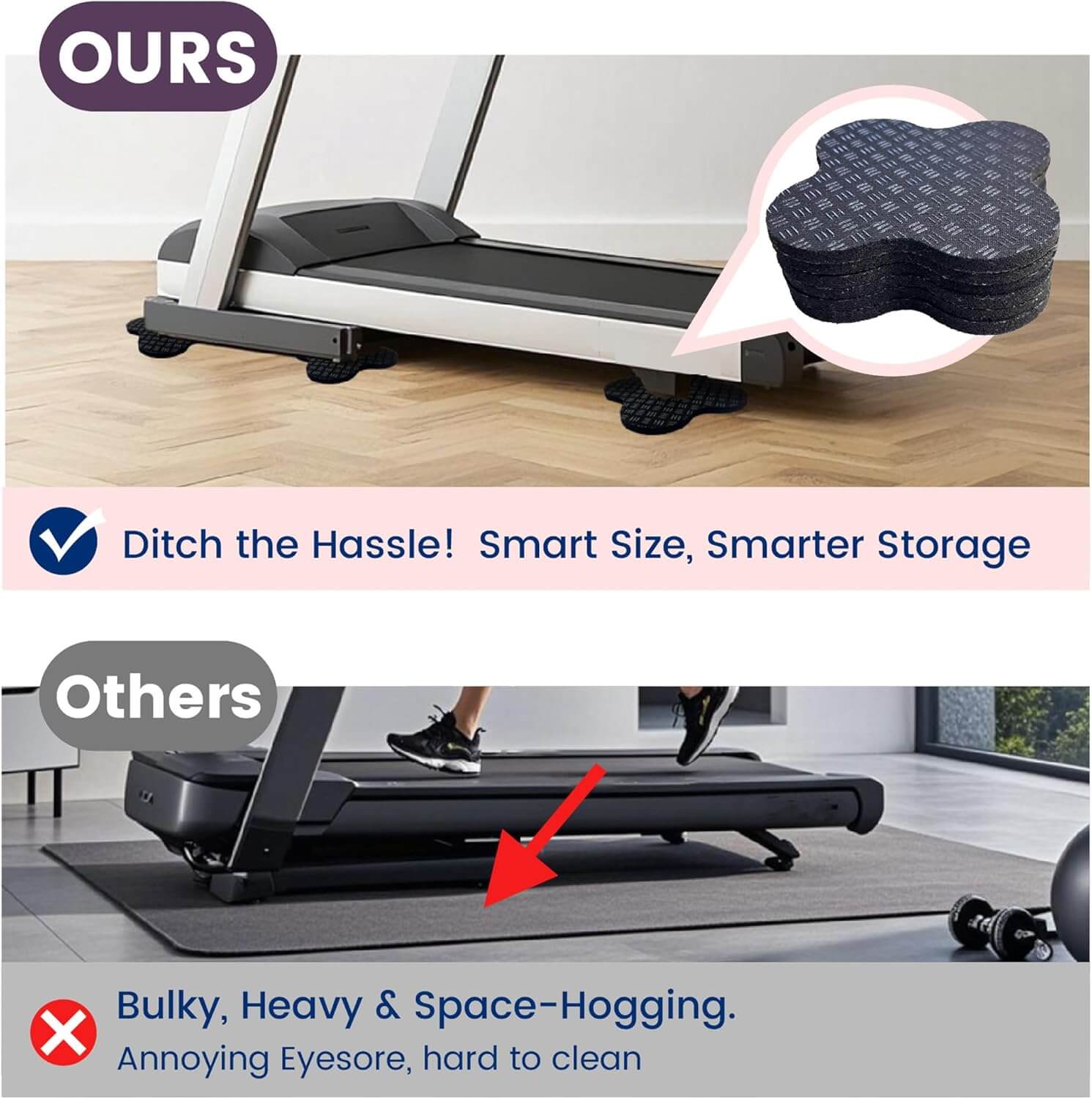 Éclat Bio VibraMat contrasting benefits with traditional mats for fitness equipment stability and storage.